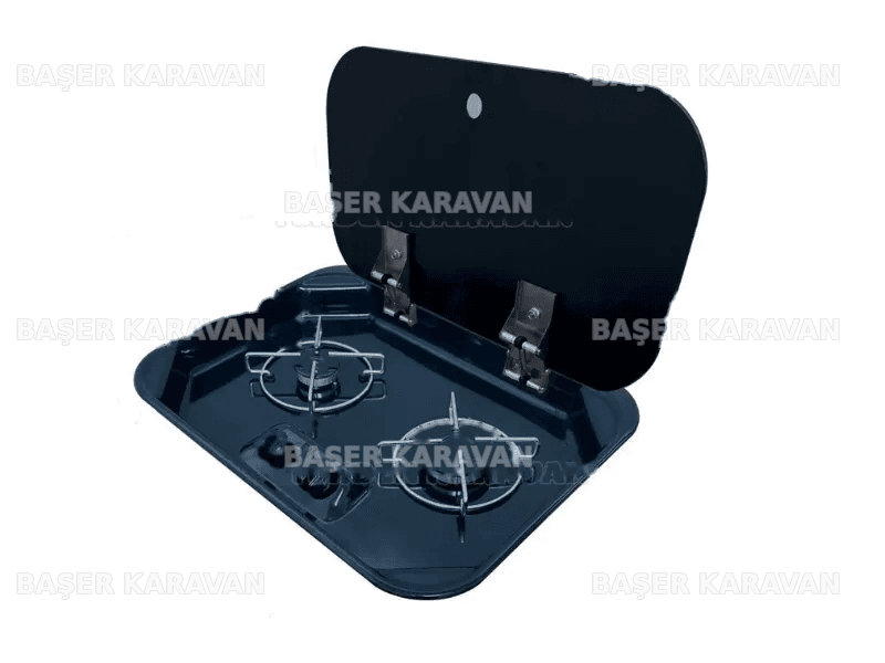 Karavan&Tekne Siyah Emaye Cam Kapaklı Çift Gözlü Ocak Universal